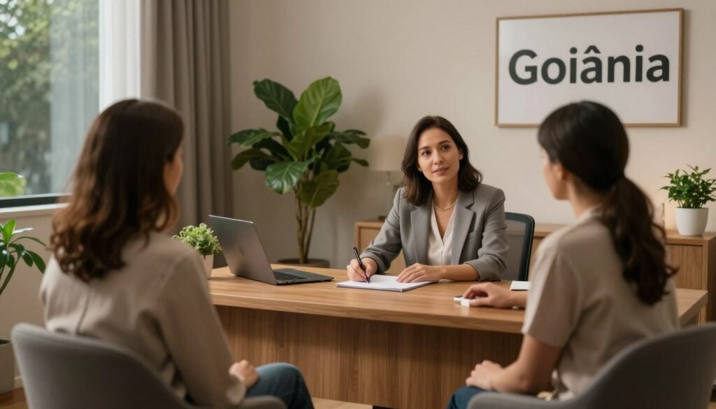 A high-quality, professional photograph of a modern psychiatric consultation room in Goiânia, featuring soft ambient lighting, a comfortable wooden desk, and green plants, creating a welcoming and safe environment for mental health treatment.