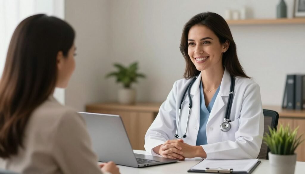 A high-quality, professional photography of a modern medical office in Goiânia with a warm and welcoming atmosphere. A female doctor with a stethoscope and professional attire is smiling kindly, sitting behind a desk with a laptop and a small green plant. The lighting is soft and natural, suggesting a safe space for a mental health consultation.