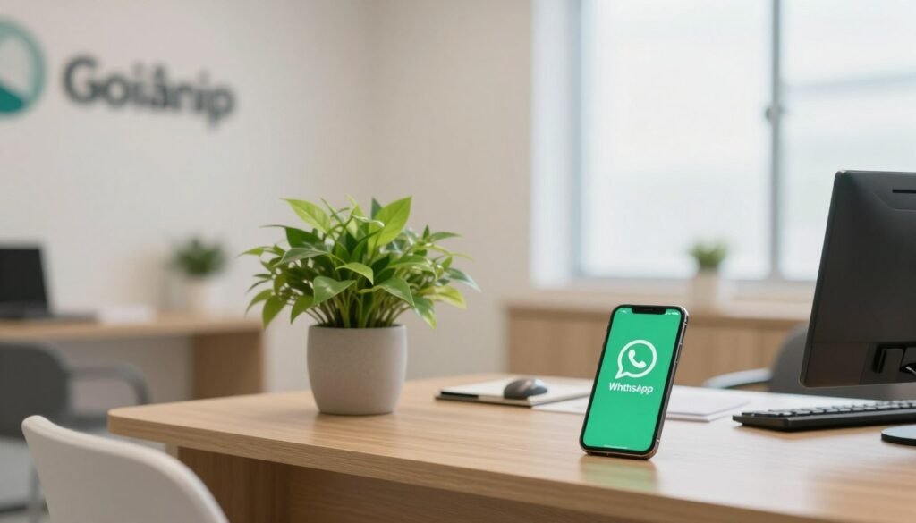 A high-quality, professional photography of a modern psychiatric clinic office in Goiânia with a welcoming atmosphere, a soft green plant on a wooden desk, and a smartphone showing a WhatsApp chat icon, natural soft lighting.