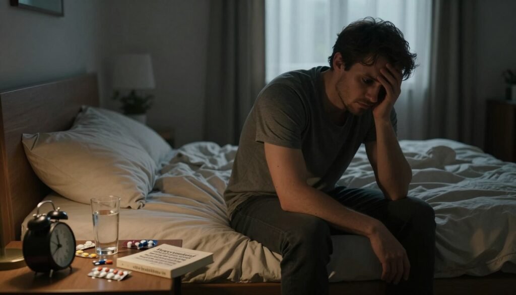 A man sits on the edge of a bed in a dimly lit bedroom, visibly struggling with insomnia. His expression reflects deep concern and fatigue, with dark circles under his eyes. The foreground features a bedside table cluttered with various sleep aids—a glass of water, a small alarm clock, and a book about sleep disorders. In the middle, the bed is unmade, with rumpled sheets indicating a restless night. The background shows a window with curtains slightly drawn, allowing soft moonlight to filter in, creating a tranquil yet tense atmosphere. The overall mood is melancholic, capturing the struggle against physical causes of insomnia, with warm ambient lighting that adds depth to the scene.