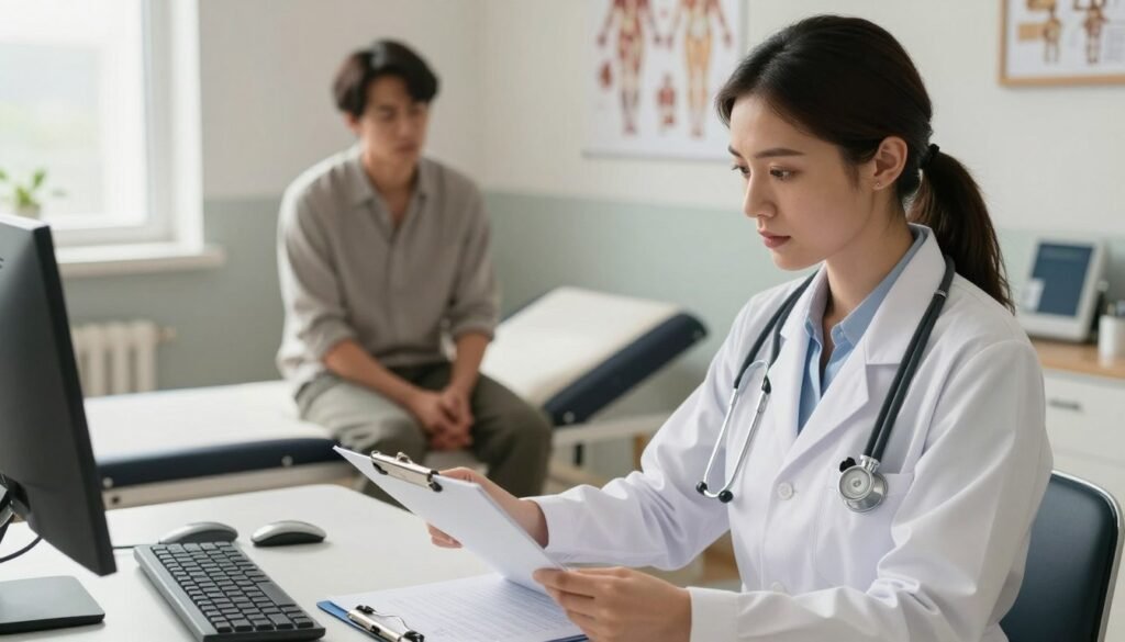 A medical examination scene in a bright, well-lit doctor's office. In the foreground, a confident female medical examiner in professional attire, with a stethoscope around her neck, reviewing a patient's chart at her desk. In the middle ground, a patient sitting on an examination table, appearing slightly anxious but composed, dressed in modest casual clothing. The background features medical equipment, a wall with anatomical charts, and a window allowing natural light to pour in, creating a warm atmosphere. The angle captures a slight overhead view to provide context, emphasizing the professionalism and seriousness of the medical assessment process. The mood is focused and empathetic, highlighting the importance of medical evaluation for mental health. A medical examination scene in a bright, well-lit doctor's office. In the foreground, a confident female medical examiner in professional attire, with a stethoscope around her neck, reviewing a patient's chart at her desk. In the middle ground, a patient sitting on an examination table, appearing slightly anxious but composed, dressed in modest casual clothing. The background features medical equipment, a wall with anatomical charts, and a window allowing natural light to pour in, creating a warm atmosphere. The angle captures a slight overhead view to provide context, emphasizing the professionalism and seriousness of the medical assessment process. The mood is focused and empathetic, highlighting the importance of medical evaluation for mental health.