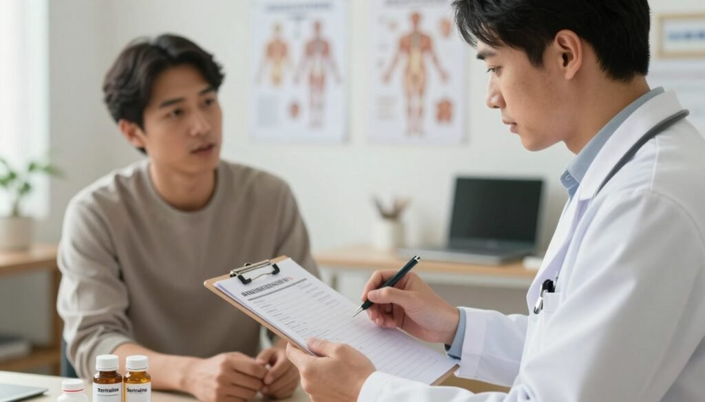 A medical professional in a white lab coat is attentively reviewing a patient’s medical record in a bright, well-lit office, symbolizing the importance of medical care when using sertraline. The foreground features a close-up of the physician's hand holding a prescription pad and a few medication bottles labeled "Sertraline". In the middle ground, a patient wearing modest casual attire is engaging in a conversation, looking engaged and reassured. The background displays medical charts and anatomical posters, enhancing the clinical setting. Soft, natural lighting casts a warm atmosphere, creating a sense of trust and professionalism, with a slight blur on the background to focus on the interaction between the healthcare provider and the patient.