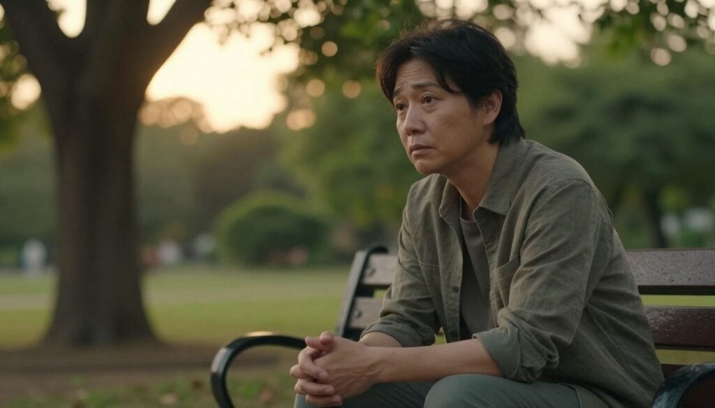 A mid-30s person sitting on a park bench, looking contemplative and slightly withdrawn, with a soft, somber expression that conveys a sense of emotional weight. The foreground features their hands clasped in their lap, dressed in a modest, casual outfit. In the middle ground, there are blurred shapes of trees and greenery to evoke a peaceful but reflective atmosphere. In the background, a warm golden hour sunlight filters through the leaves, casting soft shadows, enhancing the scene's warmth amidst the emotions portrayed. The angle should be slightly elevated, capturing both the subject's subtle expression and the nurturing nature of the surroundings. The overall mood is introspective and inviting, emphasizing the importance of empathetic communication.