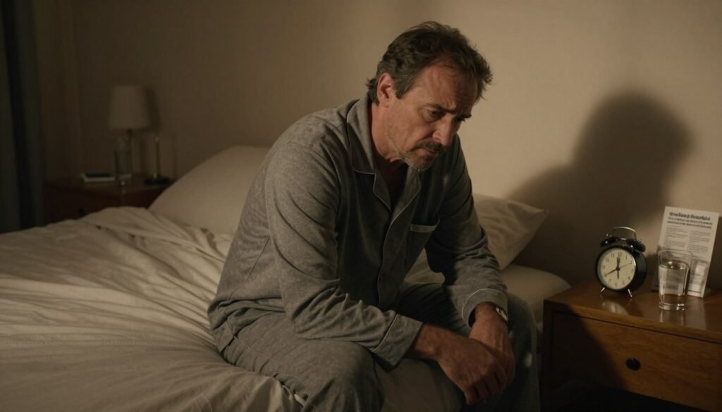 A middle-aged man with a concerned expression sits on the edge of a neatly made bed in a softly lit bedroom, surrounded by shadows that evoke a sense of restlessness. He wears comfortable, modest pajamas and is looking thoughtfully at a clock on the bedside table, emphasizing his struggle with chronic insomnia. In the background, a dimly lit nightstand holds a glass of water and a medical pamphlet about sleep disorders, hinting at his search for help. The atmosphere is filled with a warm, yet tense lighting that highlights the man's furrowed brows and weary eyes, illustrating the emotional weight of sleepless nights. The angle captures the intimacy of the space, inviting viewers to connect with the theme of seeking assistance for sleep issues.