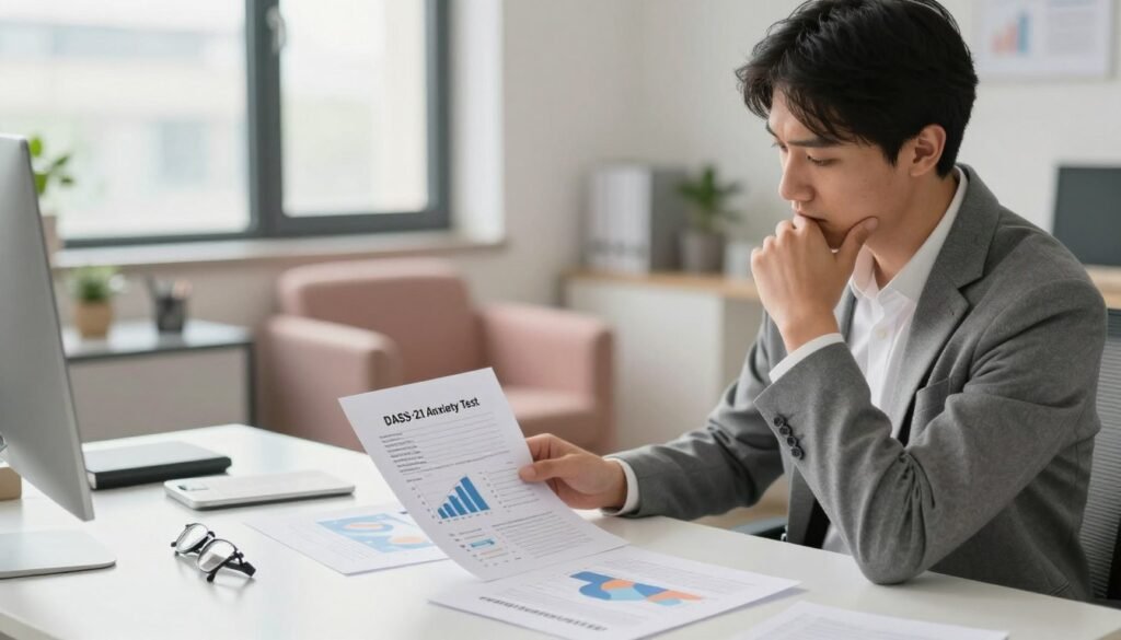 A modern, engaging visualization of the DASS-21 Anxiety Test. In the foreground, a neatly organized desk with a few papers displaying graphs and charts related to anxiety assessment, alongside a calm and professional individual in business attire, thoughtfully examining the documents. The middle ground features a serene environment with a well-decorated office, incorporating soft pastel colors that evoke a sense of calmness and focus. A large window in the background allows natural light to filter in, casting gentle shadows that enhance the atmosphere. The overall mood is one of introspection and clarity, reflecting a supportive and informative setting for those seeking to understand their anxiety levels through the DASS-21 test. A modern, engaging visualization of the DASS-21 Anxiety Test. In the foreground, a neatly organized desk with a few papers displaying graphs and charts related to anxiety assessment, alongside a calm and professional individual in business attire, thoughtfully examining the documents. The middle ground features a serene environment with a well-decorated office, incorporating soft pastel colors that evoke a sense of calmness and focus. A large window in the background allows natural light to filter in, casting gentle shadows that enhance the atmosphere. The overall mood is one of introspection and clarity, reflecting a supportive and informative setting for those seeking to understand their anxiety levels through the DASS-21 test.