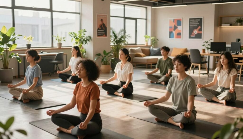 A modern office setting focused on promoting well-being and mental health among employees. In the foreground, a diverse group of professionals in smart casual attire participates in a vibrant wellness workshop, engaged in calming activities like yoga and mindfulness exercises. In the middle ground, a bright, open workspace with green plants and natural light streaming through large windows creates a refreshing ambiance. The background features motivational posters and a cozy break area with comfortable furniture. The lighting is warm and inviting, casting soft shadows. The atmosphere is relaxed yet productive, conveying collaboration and support in a positive workplace environment, symbolizing proactive measures to prevent work-related stress. A modern office setting focused on promoting well-being and mental health among employees. In the foreground, a diverse group of professionals in smart casual attire participates in a vibrant wellness workshop, engaged in calming activities like yoga and mindfulness exercises. In the middle ground, a bright, open workspace with green plants and natural light streaming through large windows creates a refreshing ambiance. The background features motivational posters and a cozy break area with comfortable furniture. The lighting is warm and inviting, casting soft shadows. The atmosphere is relaxed yet productive, conveying collaboration and support in a positive workplace environment, symbolizing proactive measures to prevent work-related stress.