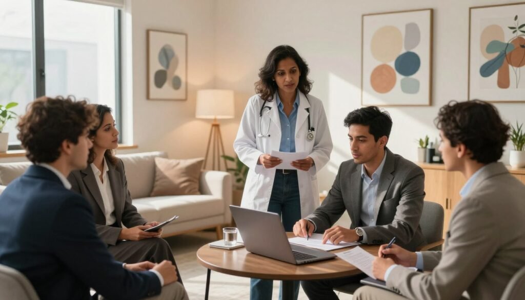 A modern psychiatrist's office with a warm, inviting atmosphere. In the foreground, a diverse group of professionals in business attire engage in a collaborative discussion. One psychiatrist, a middle-aged South Asian woman, stands beside a young Hispanic man who is pointing to charts on a laptop. In the background, a cozy seating area features a plush couch and soft lighting that creates a calming environment. On the walls, abstract art reflects themes of mental health and wellness. The ambiance is bright and welcoming, with sunlight streaming through large windows, casting gentle shadows. The scene captures a professional yet approachable atmosphere, illustrating the dynamic field of psychiatry and its opportunities.