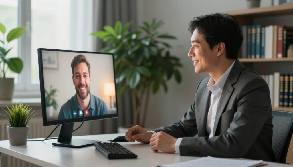 A modern telemedicine consultation scene emphasizing the "gold standard" in psychiatric care. In the foreground, a professional psychiatrist in business attire is seated at a sleek desk, engaged in a virtual consultation via a high-tech computer setup. The psychiatrist is focused and empathetic, with a warm expression that conveys trust. In the middle ground, a soft glow from the computer screen illuminates their face, creating a comforting atmosphere. The background features lush indoor plants and a bookshelf filled with psychology books, enhancing the professional setting. Use soft, natural lighting to evoke a calming mood, and capture the scene from a slightly angled perspective to create depth and intimacy in the interaction.