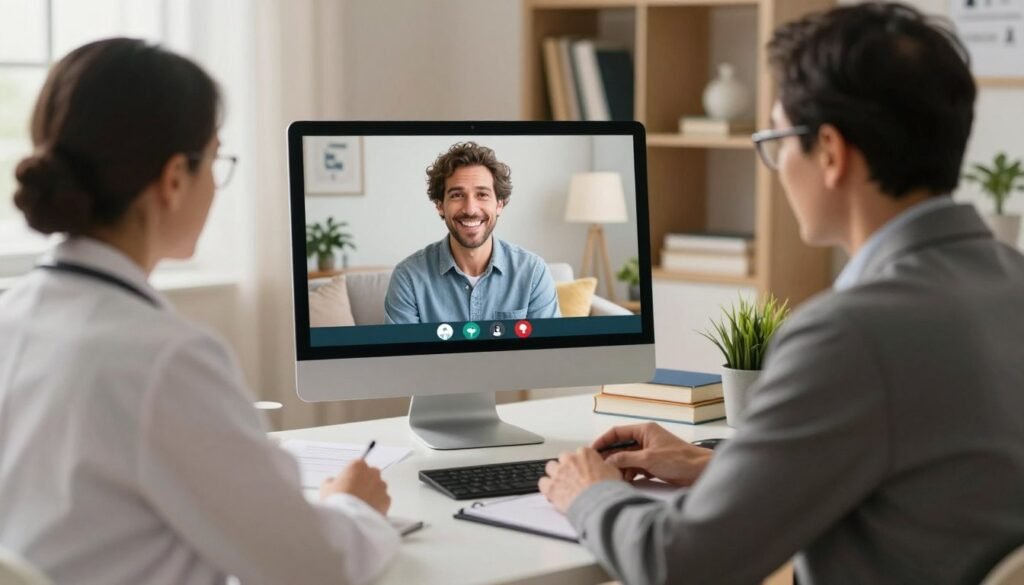A modern telemedicine consultation scene in psychiatry, showcasing a healthcare professional in a professional business attire engaged in a virtual session with a patient on a high-resolution computer screen. The foreground features the psychiatrist, a middle-aged individual with glasses, sitting at a tidy desk with medical books and a plant. The middle ground includes a computer displaying a friendly, caring image of the patient, who is in a comfortable living room setting. The background features warm lighting, soft colors, and a bookshelf filled with psychology texts, creating a calming atmosphere. The angle is slightly tilted to emphasize the interaction and convey connection, highlighting the concept of teleconsultation in mental healthcare.