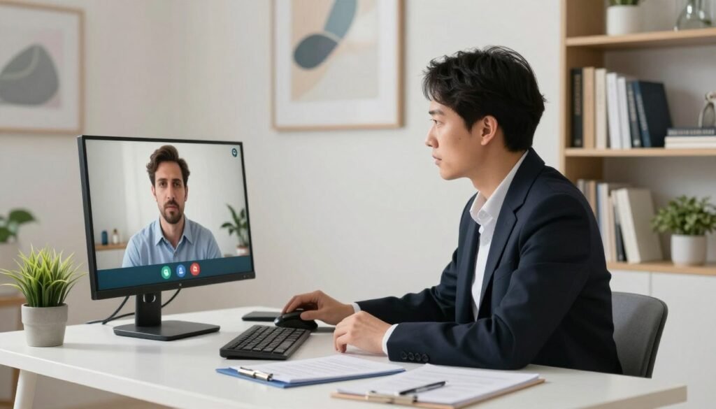 A modern telemedicine consultation setting, featuring a psychiatrist in a professional business attire sitting at a sleek, well-organized desk. The psychiatrist is engaged in a video call with a patient displayed on a high-resolution monitor. Surrounding the psychiatrist, add subtle elements that suggest a calm and supportive atmosphere, such as soft lighting and light-colored walls with abstract art. In the background, include a bookshelf filled with academic books on mental health, and a small plant for a touch of nature. The perspective should be a medium-shot, capturing both the psychiatrist's focused expression and the screen displaying the patient. The overall mood is professional, warm, and inviting, suitable for the topic of remote psychiatric care.