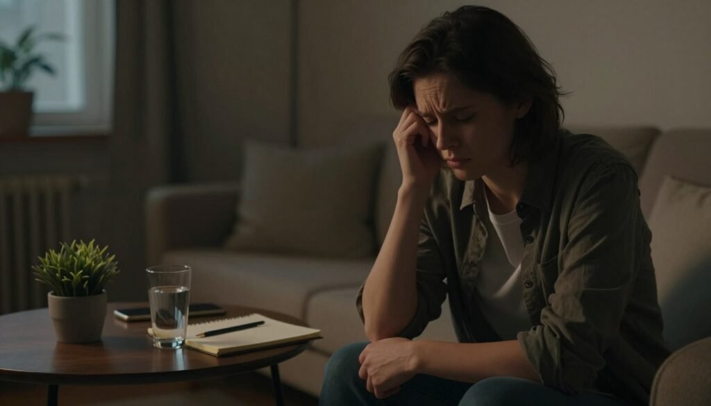 A person experiencing anxiety, sitting in a cozy but dimly lit room. In the foreground, the subject, a young adult in smart casual clothing, is visibly tense, with furrowed brows and clenched hands resting on their knees. The middle layer features soft, scattered items like a small plant, a notepad, and a glass of water on a nearby table, suggesting a striving for calm. In the background, a window casts muted, warm light, with shadows hinting at an outside world that feels distant. The atmosphere is heavy and introspective, capturing the internal struggle and stillness associated with generalized anxiety disorder, evoking a sense of contemplation and hope within the confines of the space.