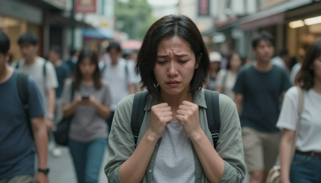 A person in their early thirties, wearing modest casual clothing, stands in a crowded public area, exhibiting signs of physical anxiety and agoraphobia. The foreground captures their tense expression, with visible sweat beads on their forehead and clenched fists. In the middle ground, blurred figures of people going about their day highlight the overwhelming nature of the environment, creating a sense of isolation amidst the crowd. The background features a busy street with shops and pedestrians, enhancing the feeling of being trapped in a public space. Soft, diffused lighting reflects the somber mood, while a shallow depth of field focuses on the subject's anxious demeanor. The overall atmosphere conveys a profound sense of discomfort and unease, perfectly illustrating the impact of agoraphobia. A person in their early thirties, wearing modest casual clothing, stands in a crowded public area, exhibiting signs of physical anxiety and agoraphobia. The foreground captures their tense expression, with visible sweat beads on their forehead and clenched fists. In the middle ground, blurred figures of people going about their day highlight the overwhelming nature of the environment, creating a sense of isolation amidst the crowd. The background features a busy street with shops and pedestrians, enhancing the feeling of being trapped in a public space. Soft, diffused lighting reflects the somber mood, while a shallow depth of field focuses on the subject's anxious demeanor. The overall atmosphere conveys a profound sense of discomfort and unease, perfectly illustrating the impact of agoraphobia.