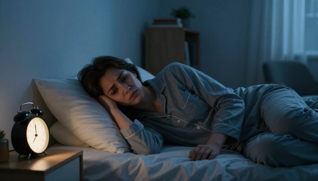 A person lying in bed at night, struggling with insomnia. The individual, a young adult wearing comfortable, modest pajamas, sits up with a distressed expression, looking at the clock that glows softly on the bedside table. The room is dimly lit, with a gentle blue hue filtering through curtains, casting shadows that enhance the mood of sleeplessness. In the background, a faint silhouette of a bookshelf and a cozy chair can be seen, suggesting a lived-in space. A sense of stillness pervades the atmosphere, emphasizing the struggle against restful sleep. The scene captures the emotion of anxiety and frustration associated with insomnia, while maintaining a sense of calmness in the setting.