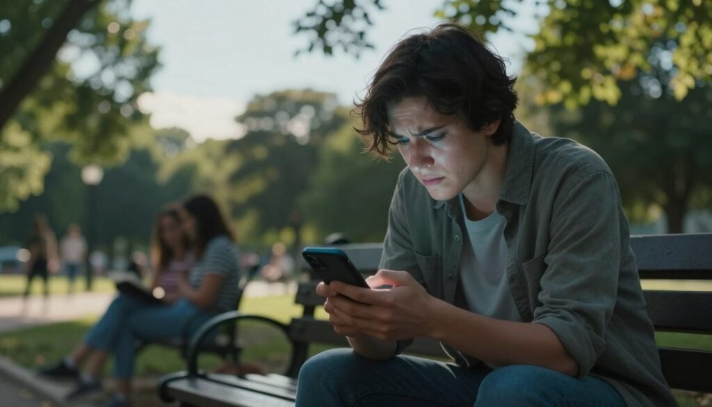 A person sits on a park bench, anxiously tapping their phone, visibly distressed. They are dressed in casual, modest clothing, with their brow furrowed, reflecting a sense of urgency and fear. In the foreground, the phone emits a subtle glow, casting a blue light on the person's face, enhancing the feeling of isolation. In the middle, blurred outlines of people enjoying the park can be seen, emphasizing the contrast between the individual’s disconnection and the social atmosphere around them. The background captures a serene setting with green trees and a clear sky, symbolizing the outside world that feels distant. The lighting is soft yet dramatic, with a warm afternoon sun filtering through the leaves, creating an inviting yet conflicted mood that encapsulates the essence of nomophobia. A person sits on a park bench, anxiously tapping their phone, visibly distressed. They are dressed in casual, modest clothing, with their brow furrowed, reflecting a sense of urgency and fear. In the foreground, the phone emits a subtle glow, casting a blue light on the person's face, enhancing the feeling of isolation. In the middle, blurred outlines of people enjoying the park can be seen, emphasizing the contrast between the individual’s disconnection and the social atmosphere around them. The background captures a serene setting with green trees and a clear sky, symbolizing the outside world that feels distant. The lighting is soft yet dramatic, with a warm afternoon sun filtering through the leaves, creating an inviting yet conflicted mood that encapsulates the essence of nomophobia.