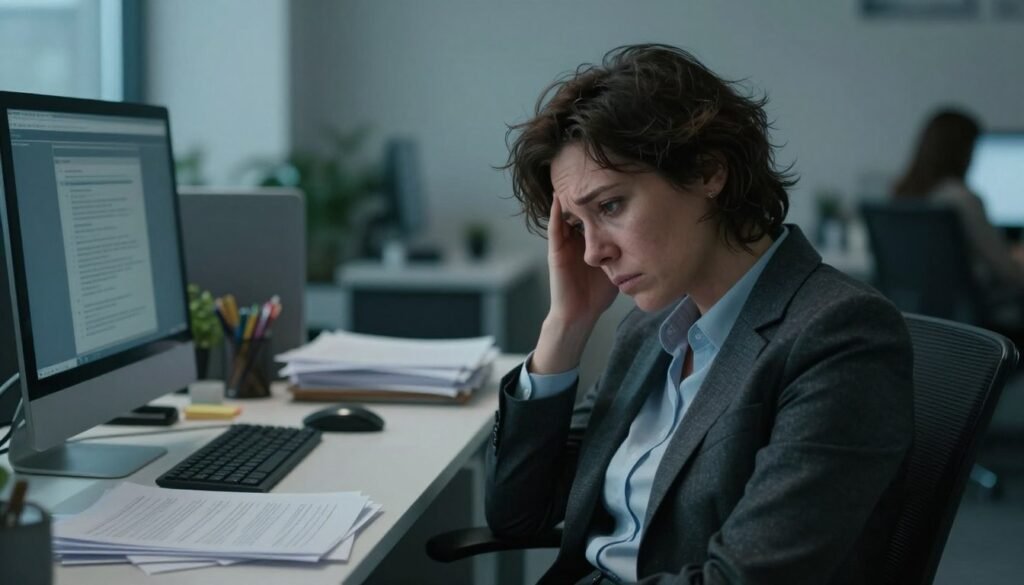 A person sitting at a desk in a modern office environment, showing signs of emotional exhaustion. The foreground focuses on their weary expression, with deep-set eyes and slumped shoulders. Their appearance is professional, in a business attire, with disheveled hair and slightly wrinkled clothing. In the middle ground, a cluttered desk with scattered paperwork and a dimly lit computer screen reflects their stress. The background features a tranquil office setting, with soft lighting illuminating the space, creating a contrast between the chaos and tranquility. The mood is somber yet contemplative, capturing the essence of emotional fatigue and its physical and psychological symptoms. The image should have a slight blur in the background to emphasize the subject.