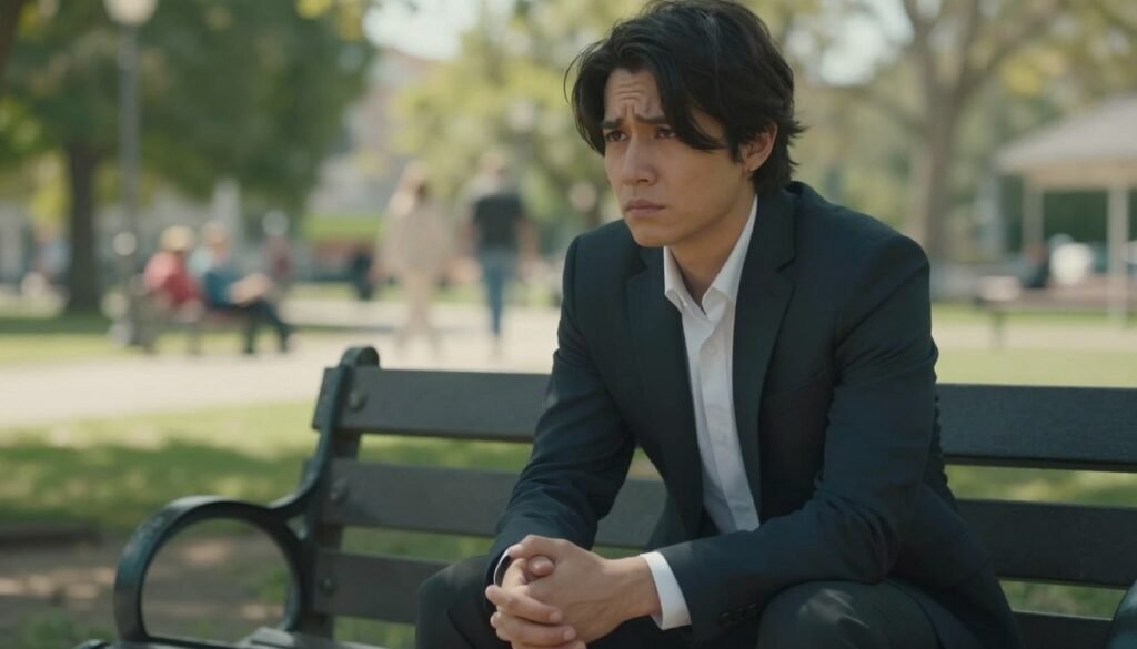 A person sitting on a park bench, appearing contemplative and anxious, with furrowed brows and clasped hands. Foreground: a close-up of hands nervously tapping on the bench. Middle ground: the figure, dressed in professional business attire, gazing off into the distance with a slightly shadowed face, reflecting the weight of anxiety. Background: a softly blurred park scene with muted colors, showcasing trees and distant figures enjoying the sunny day, emphasizing the contrast between their calmness and the subject’s turmoil. Soft, diffused lighting enhances the mood of introspection and emotional struggle. The angle should be slightly lower, capturing a sense of isolation amidst the lively environment.