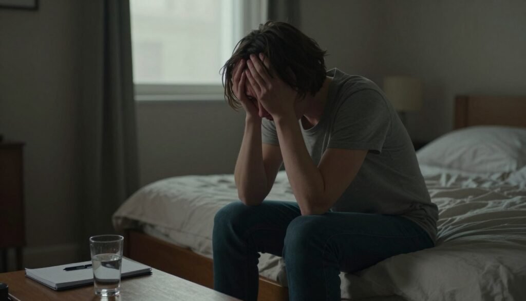 A person sitting on the edge of a bed in a dimly lit room, conveying a sense of anxiety and distress. The individual, a young adult wearing modest casual clothing, has their head in their hands, with a furrowed brow and teary eyes, depicting emotional turmoil. The foreground depicts scattered objects like a notebook and a half-empty glass of water, symbolizing confusion. In the middle ground, a window reveals soft, muted light filtering in, casting gentle shadows that enhance the somber atmosphere. The background features an unmade bed and soft, neutral-toned walls, contributing to the feeling of isolation. The overall mood is heavy and introspective, capturing the inner struggle of living with anxiety.