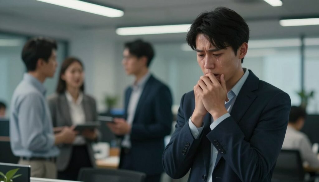 A person standing alone in a crowded office setting, exhibiting symptoms of social anxiety. The foreground features a young adult with a worried expression, slightly sweating, fidgeting with their hands. In the middle ground, colleagues engage in conversation, their faces blurred or out of focus, highlighting the individual's feelings of isolation. In the background, soft, ambient office lighting creates a tense atmosphere, while bright overhead lights add to the feeling of discomfort. The person is dressed in professional business attire, emphasizing a contrast between their anxiety and the normalcy of their surroundings. The angle is slightly tilted, conveying a sense of unease. Overall, the image evokes a feeling of stress and anxiety in a social environment.