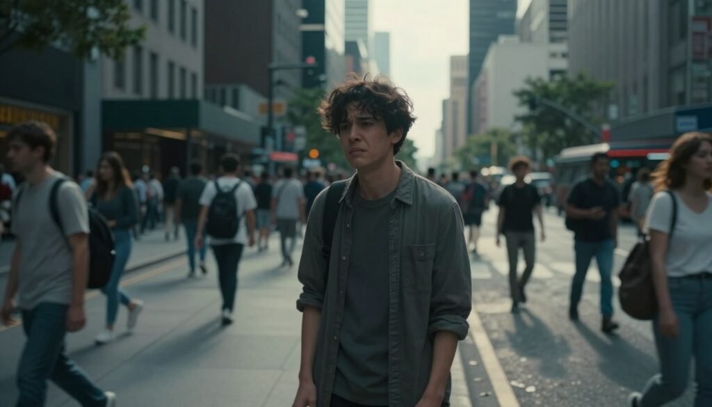 A person standing at the edge of a bustling urban street, looking apprehensively towards the crowd, symbolizing agoraphobia. In the foreground, a young adult in casual attire exhibits visible anxiety, with a slightly furrowed brow and clenched fists. The middle ground showcases a vibrant city scene with blurred figures rushing past, representing the overwhelming nature of public spaces. The background features tall buildings under a moody sky, casting long shadows that enhance the sense of isolation. Soft, diffused lighting highlights the individual while the surrounding chaos fades into a cooler tone, creating a stark contrast. The atmosphere is tense yet introspective, capturing the emotional struggle of facing open spaces. No text or branding should be present. A person standing at the edge of a bustling urban street, looking apprehensively towards the crowd, symbolizing agoraphobia. In the foreground, a young adult in casual attire exhibits visible anxiety, with a slightly furrowed brow and clenched fists. The middle ground showcases a vibrant city scene with blurred figures rushing past, representing the overwhelming nature of public spaces. The background features tall buildings under a moody sky, casting long shadows that enhance the sense of isolation. Soft, diffused lighting highlights the individual while the surrounding chaos fades into a cooler tone, creating a stark contrast. The atmosphere is tense yet introspective, capturing the emotional struggle of facing open spaces. No text or branding should be present.