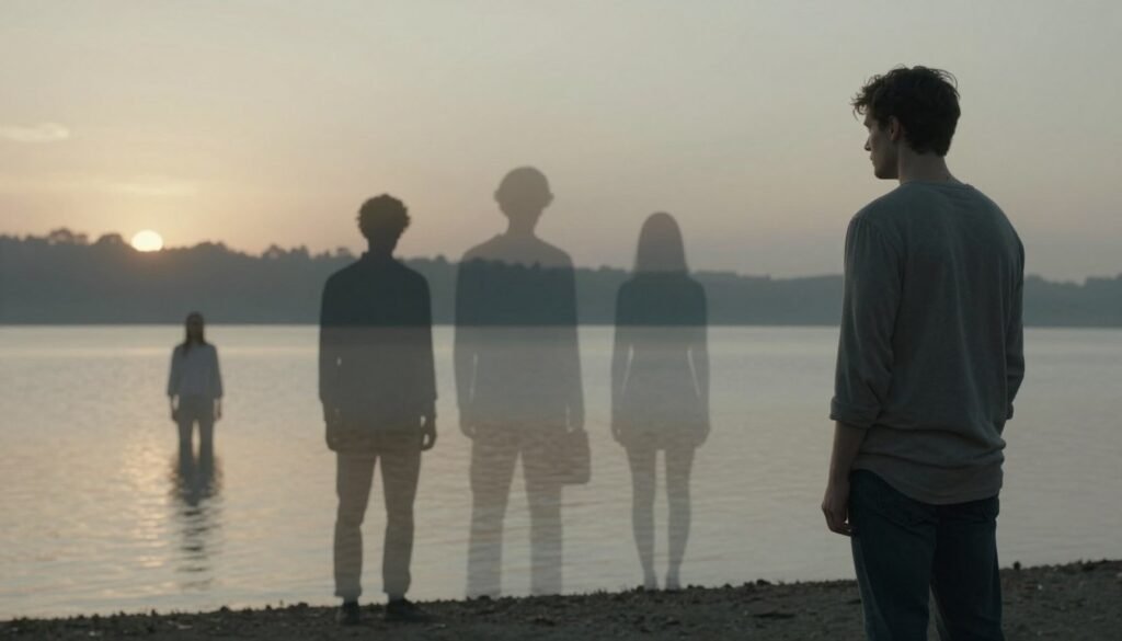 A poignant depiction of the "stages of grief" illustrated through symbolic representations of each phase. In the foreground, a figure dressed in modest casual clothing stands contemplating by a serene lake, representing the state of denial. In the middle ground, shadows of other figures convey anger and bargaining, surrounded by abstract shapes that evoke confusion. Further back, a figure in quiet reflection symbolizes depression, with soft, muted colors blending into a hazy horizon. The background features a breaking dawn, symbolizing acceptance and hope. The scene is illuminated by gentle, diffused sunlight, casting soft shadows, creating an emotional, introspective atmosphere that evokes the complexity of the grieving process.