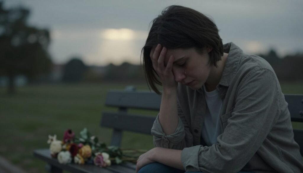 A poignant representation of grief, illustrating the emotional, physical, and behavioral symptoms of mourning. In the foreground, a person in modest casual clothing is seated on a park bench, their posture slumped, head bowed, reflecting a deep sense of sorrow. Tears stream down their face, symbolizing raw emotion. In the middle ground, a softly blurred collection of wilting flowers symbolizes loss and decay. In the background, a dimly lit, overcast sky casts a somber mood, with faint rays of light attempting to break through, hinting at hope amidst despair. Use soft and muted color tones to evoke feelings of sadness and introspection, creating a reflective atmosphere. The composition should be shot from a slightly elevated angle, focusing on the individual while providing context of the surrounding environment.