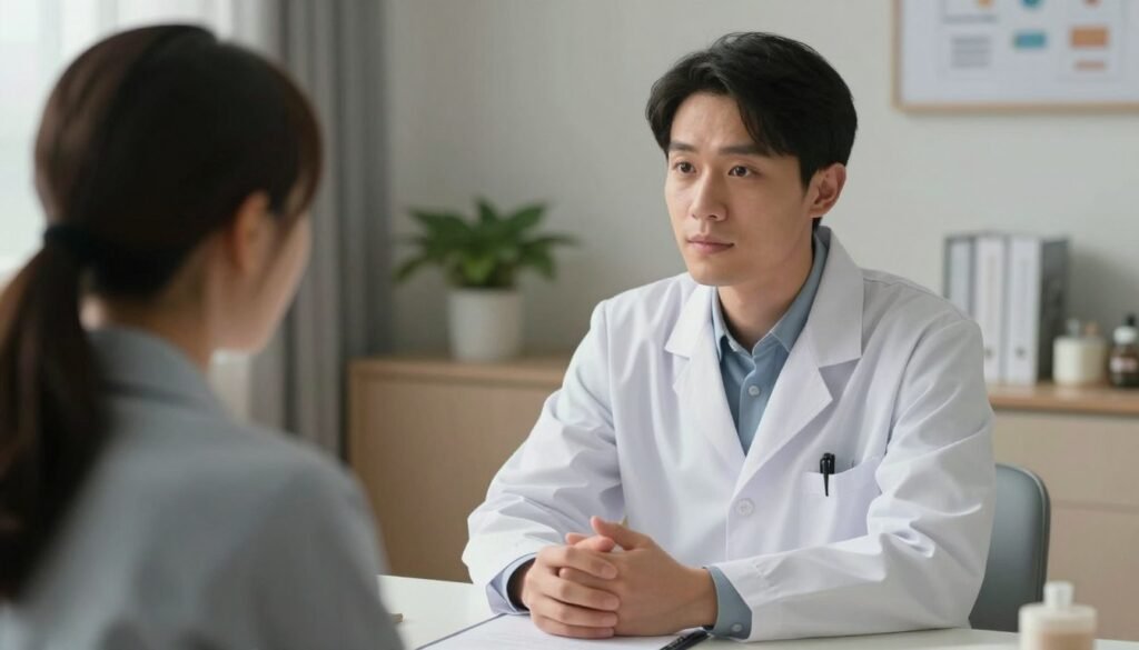 A professional and empathetic psychiatrist listening to a patient in a comfortable clinical setting, focus on supportive gestures, soft bokeh background. A professional and empathetic psychiatrist listening to a patient in a comfortable clinical setting, focus on supportive gestures, soft bokeh background.