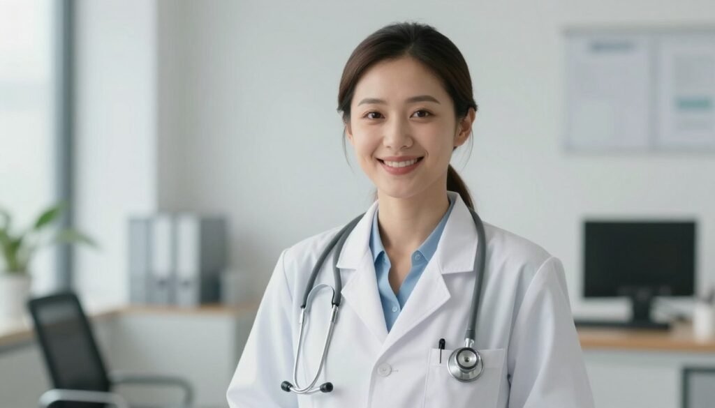 A professional and friendly female doctor in a light-filled, modern office setting. She is wearing a stethoscope and a white lab coat, smiling warmly at the camera. The background is soft and clean, representing a safe medical space for mental health care. High quality, cinematic lighting.