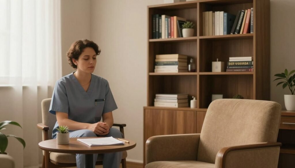 A professional and serene medical office environment in Goiânia, featuring soft warm lighting, a comfortable armchair, and a bookshelf, symbolizing a safe space for mental health treatment and sleep recovery, photographic style, high resolution.