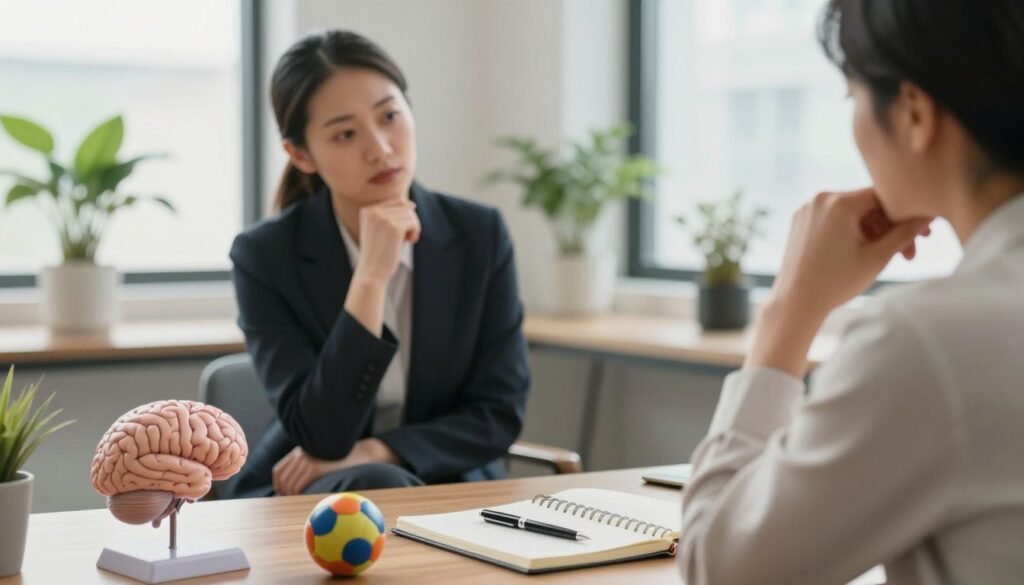 A professional and serene office environment depicting signs of mental health awareness. In the foreground, a subtle arrangement of objects symbolizing mental health concerns: a close-up of a brain model, a journal with pen, and a stress ball. In the middle ground, a counselor in smart business attire, thoughtfully observing a client who appears contemplative and open, conveying a sense of concern and connection. The background features soft, natural light coming through a large window with indoor plants, adding warmth to the scene. The overall mood is calm yet focused, promoting an atmosphere of understanding and support for those contemplating seeking professional help. Use a slight depth of field to emphasize the foreground details while keeping the background gently blurred.