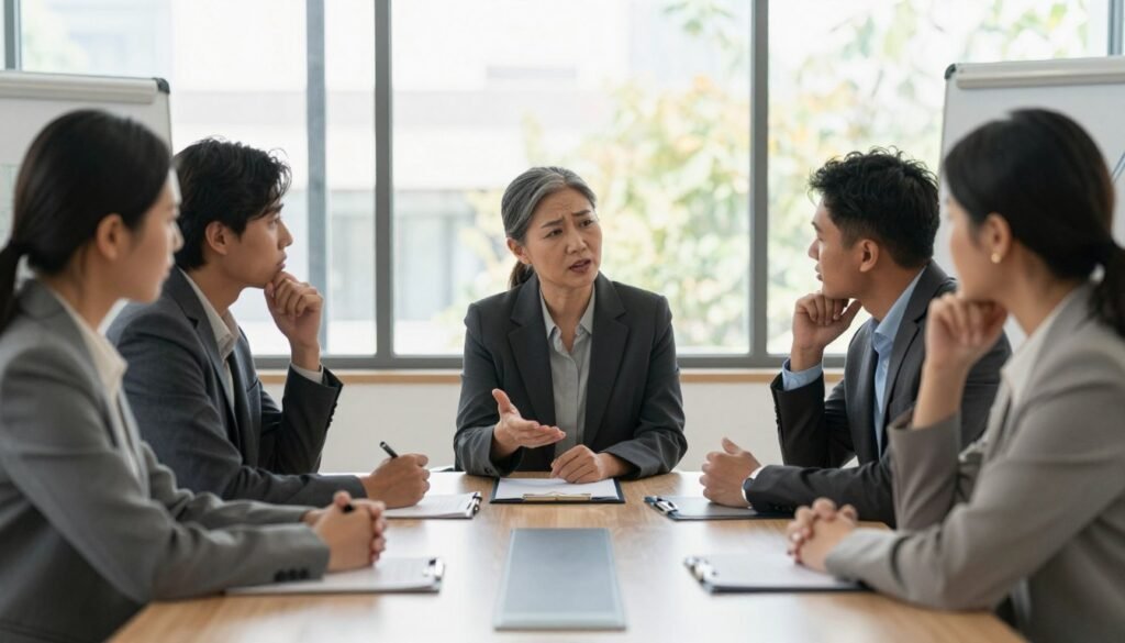 A professional and serene office environment where anxiety treatment is being addressed. In the foreground, a diverse group of three individuals, dressed in smart business attire, are engaged in a thoughtful discussion around a stylish conference table, displaying expressions of concern yet hope. In the middle, a therapist, a middle-aged woman with a calm demeanor, is guiding the conversation, gesturing gently to encourage openness. In the background, large windows reveal a bright, sunny day, casting warm natural light into the room, enhancing the positive atmosphere. The overall mood is supportive and constructive, emphasizing collaboration and understanding in overcoming workplace anxiety. The composition captures a blend of professionalism and warmth, highlighting effective treatment solutions in a corporate setting.