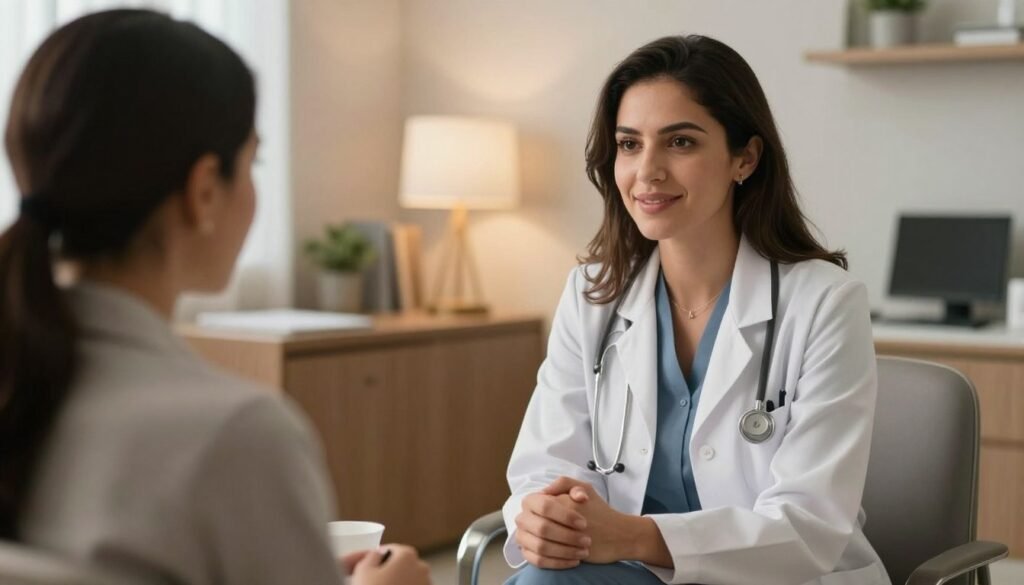 A professional and welcoming doctor's office in Goiânia, showing a compassionate female psychiatrist talking to a patient, soft warm lighting, clinical but cozy environment, high resolution, realistic style.