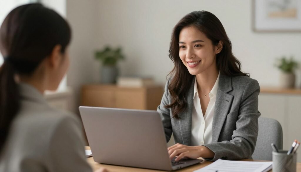 A professional and welcoming online psychiatric consultation scene. A female doctor with a kind expression talking through a laptop screen, soft lighting, warm domestic environment, representing accessible mental health care.
