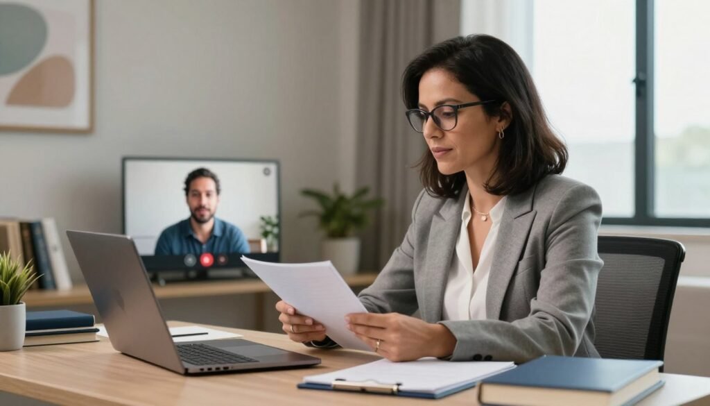 A professional female psychiatrist, Dra. Helloyze Ferreira Ancelmo, is seated in a modern, well-lit consultation room. She is in her mid-30s, with shoulder-length dark hair, wearing professional business attire, a tailored blazer, and reading glasses. The foreground features a desk with a laptop, some medical books, and a notepad. In the middle, she is engaged with a patient via video call, displaying a compassionate and attentive expression. The background showcases calming wall art and a large window letting in natural light, creating a warm and inviting atmosphere. The mood should be reassuring and professional, emphasizing her role as a mental health specialist. The image is captured from a slightly angled perspective, highlighting the interaction and environment.