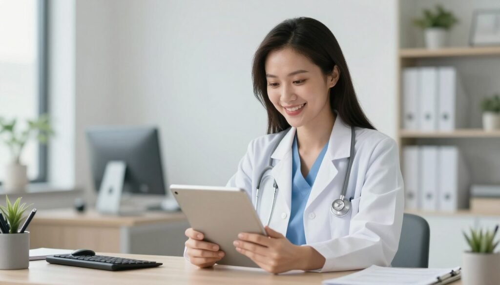 A professional female psychiatrist in a clean, modern office, smiling warmly while looking at a tablet, conveying trust and medical expertise, high resolution. A professional female psychiatrist in a clean, modern office, smiling warmly while looking at a tablet, conveying trust and medical expertise, high resolution.