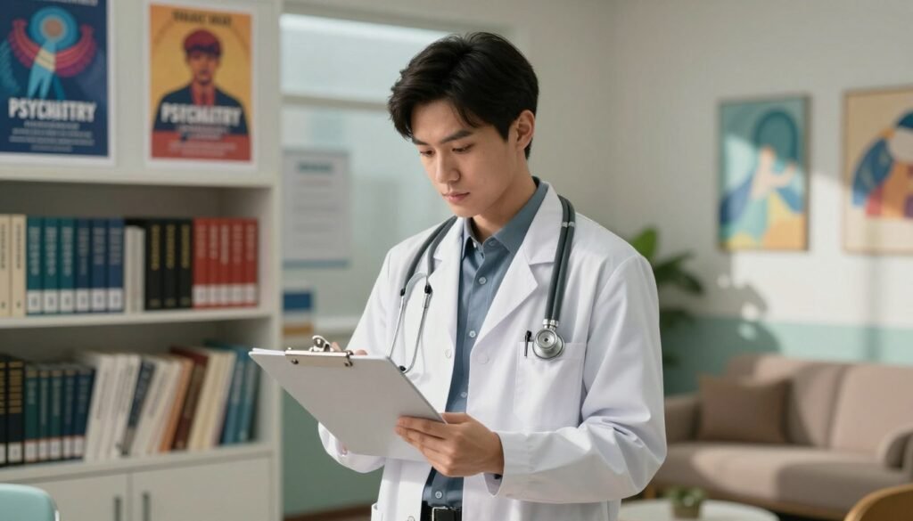 A professional medical environment depicting an aspiring psychiatry resident in a hospital setting. In the foreground, a young adult dressed in professional business attire, such as a white coat and stethoscope, is studying on a clipboard and looking thoughtfully at patients' charts. In the middle ground, shelves are lined with medical textbooks and colorful psychiatry-related posters, creating an educational atmosphere. The background features a softly lit consultation room with a comfortable couch and calming artwork. Natural light filters through a nearby window, casting gentle shadows. The overall mood conveys a sense of dedication and focus, emphasizing the journey and requirements to enter a psychiatry residency program.