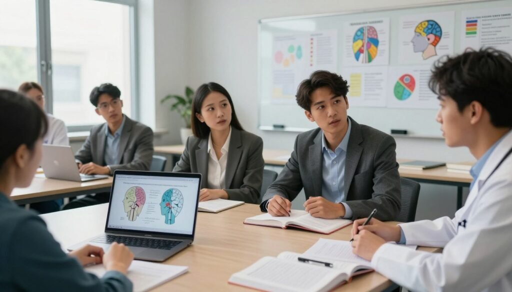 A professional, modern classroom setting showcasing a diverse group of students actively engaged in a psychiatry curriculum. In the foreground, a table with open textbooks, notebooks, and a laptop displaying psychiatric diagrams. The middle ground features students of various ethnicities, some dressed in business attire, discussing topics related to psychiatry, with expressions of curiosity and collaboration. The background has a whiteboard filled with colorful charts and diagrams related to mental health topics, illuminated by soft, natural lighting from large windows. The atmosphere is one of focused learning, curiosity, and professionalism, capturing the essence of studying psychiatry. The composition uses a slight tilt-angle to create depth and dynamism, emphasizing the educational environment. A professional, modern classroom setting showcasing a diverse group of students actively engaged in a psychiatry curriculum. In the foreground, a table with open textbooks, notebooks, and a laptop displaying psychiatric diagrams. The middle ground features students of various ethnicities, some dressed in business attire, discussing topics related to psychiatry, with expressions of curiosity and collaboration. The background has a whiteboard filled with colorful charts and diagrams related to mental health topics, illuminated by soft, natural lighting from large windows. The atmosphere is one of focused learning, curiosity, and professionalism, capturing the essence of studying psychiatry. The composition uses a slight tilt-angle to create depth and dynamism, emphasizing the educational environment.