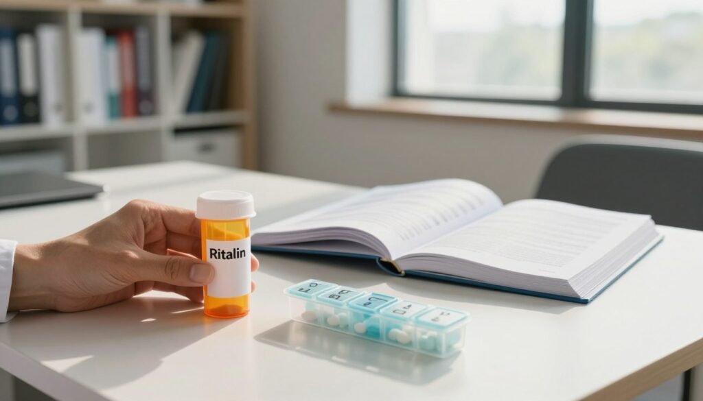 A professional, modern office setting with a clean, organized desk. In the foreground, a hand holding a prescription bottle of Ritalin, the label clearly visible but without text. Beside it, a small, neatly arranged pill organizer with several compartments labeled for specific days. In the middle ground, an open medical book or pamphlet providing information on Ritalin usage. The background features a softly blurred bookshelf filled with medical literature and a large window letting in natural light, creating a bright and inviting atmosphere. The scene conveys a sense of care and professionalism, emphasizing correct medication management. The lighting is warm and natural, suggesting a calm, focused mood, shot at eye level for an intimate perspective. A professional, modern office setting with a clean, organized desk. In the foreground, a hand holding a prescription bottle of Ritalin, the label clearly visible but without text. Beside it, a small, neatly arranged pill organizer with several compartments labeled for specific days. In the middle ground, an open medical book or pamphlet providing information on Ritalin usage. The background features a softly blurred bookshelf filled with medical literature and a large window letting in natural light, creating a bright and inviting atmosphere. The scene conveys a sense of care and professionalism, emphasizing correct medication management. The lighting is warm and natural, suggesting a calm, focused mood, shot at eye level for an intimate perspective.