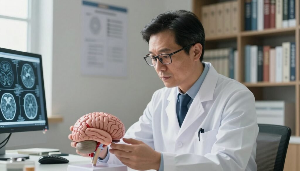 A professional neurologist in a clinical setting, wearing a white lab coat and glasses, is focusing intently on a brain model in front of them. In the foreground, the neurologist is engaged in examining the model, symbolizing their expertise in the physical nervous system. The middle ground features a well-organized clinic with medical charts and brain scans visible on a nearby screen, creating a sense of professionalism. Soft, natural lighting illuminates the scene, highlighting the neurologist's concentration and the intricate details of the brain model. In the background, shelves filled with medical books and journals convey an atmosphere of knowledge and authority. The mood is calm and serious, reflecting the important role of neurologists in diagnosing and treating neurological issues.