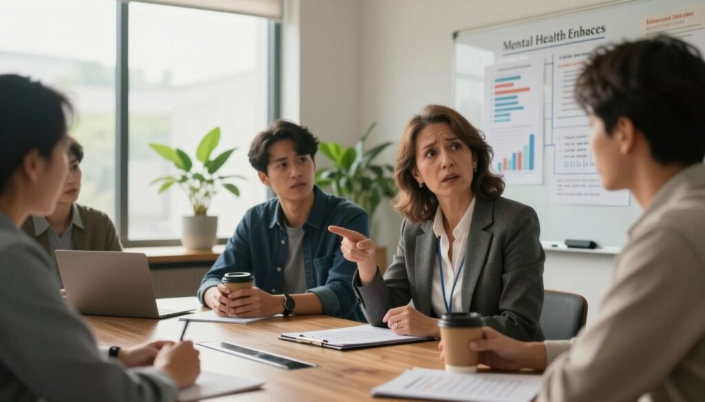A professional office scene depicting a diverse group of employees engaged in a discussion around mental health awareness at work. In the foreground, a middle-aged woman in business attire, looking concerned, points to a chart showing alarming statistics about occupational illness. Next to her, a young man in smart casual clothing nods in agreement, holding a coffee cup. In the middle ground, a serene conference room setting with a large window allowing soft natural light to flood the space, illuminating plants that symbolize growth. In the background, a whiteboard filled with notes on mental health initiatives. The mood is focused yet slightly tense, underscoring the urgency of the topic. Use a wide-angle lens to capture the collaborative atmosphere, with warm lighting enhancing the professionalism of the setting.