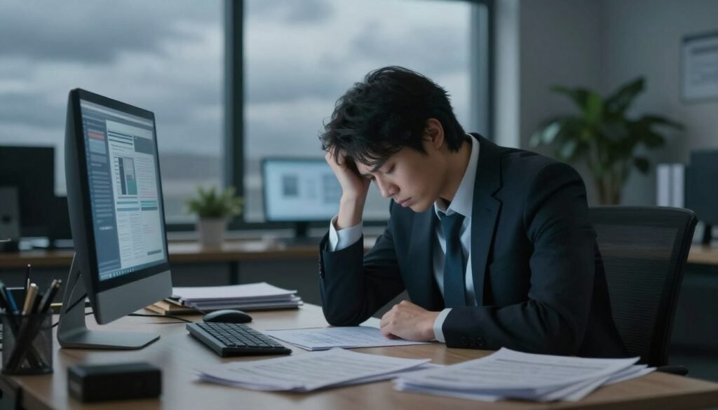 A professional office setting showing a person sitting at a desk, appearing overwhelmed and exhausted. The individual, a young adult in business attire, has their head resting on their hand, showcasing signs of mental fatigue and burnout. Surrounding them are scattered papers and a glowing computer screen that reflects a chaotic workload. The middle background features a window with a cloudy sky, suggesting a gloomy mood. Soft, diffused lighting casts gentle shadows, highlighting the stress in the room. In contrast, the background shows a serene indoor plant near the window, symbolizing hope and recovery. The atmosphere conveys a sense of struggle while also hinting at the possibility of healing. A professional office setting showing a person sitting at a desk, appearing overwhelmed and exhausted. The individual, a young adult in business attire, has their head resting on their hand, showcasing signs of mental fatigue and burnout. Surrounding them are scattered papers and a glowing computer screen that reflects a chaotic workload. The middle background features a window with a cloudy sky, suggesting a gloomy mood. Soft, diffused lighting casts gentle shadows, highlighting the stress in the room. In contrast, the background shows a serene indoor plant near the window, symbolizing hope and recovery. The atmosphere conveys a sense of struggle while also hinting at the possibility of healing.