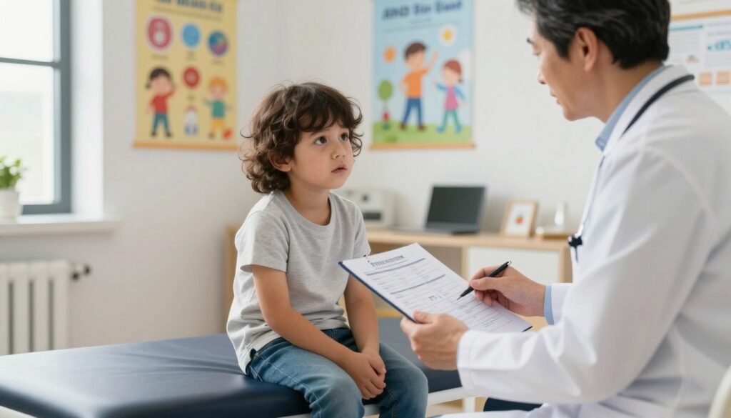 A professional pediatrician in a modern consultation room, assessing a young child with attention issues. The child is sitting on an examination table, looking slightly anxious but engaged, wearing casual yet modest clothing. The doctor, a middle-aged individual in a white coat, is discussing a chart displaying various symptoms. In the background, colorful educational posters about developmental disorders are visible, creating a warm and inviting atmosphere. Soft, natural light streams in from a window, highlighting the faces of the individuals and the comforting environment. A focus on the interaction between the doctor and the child conveys a sense of professionalism and care, emphasizing the importance of differential diagnosis for ADHD and similar conditions.
