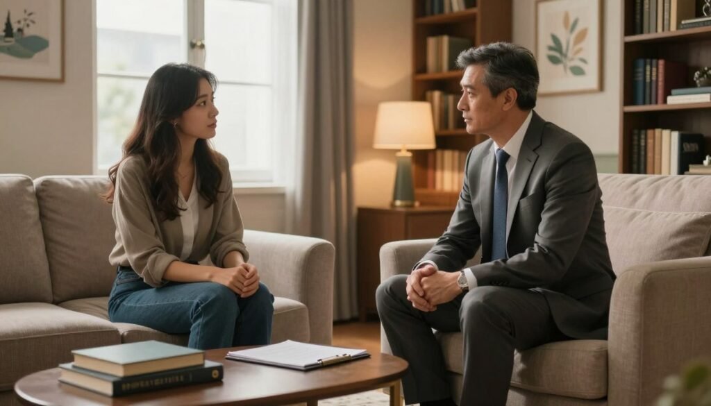 A professional psychiatrist and psychologist seated in a cozy office, engaged in a thoughtful discussion. The psychiatrist, a middle-aged male, wears a tailored suit and has a reassuring demeanor. The psychologist, a young female, is dressed in smart casual attire, exuding warmth and empathy. In the foreground, a comfortable sofa and an elegant coffee table with psychological books and a notepad. In the middle, a large window letting in soft, warm light, enhancing the inviting atmosphere. Shelves filled with books on psychology line the walls in the background, with calming artwork. The scene conveys a sense of professionalism, care, and insight, perfect for illustrating the differences between a psychiatrist and a psychologist. The lighting is soft and natural, creating a serene, focused mood.