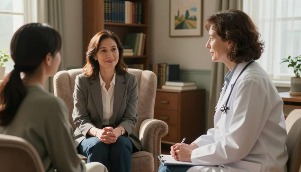 A professional psychiatrist conducting a consultation in a warm, inviting office. In the foreground, a psychiatrist, a middle-aged woman in a tailored blazer, listens intently to a patient, who is seated comfortably in a plush armchair. The psychiatrist has a friendly, empathetic expression, shimmer of sunlight from a nearby window highlights her thoughtful demeanor. The background features shelves lined with psychology books and calming artwork on the walls, creating a serene atmosphere. Soft, diffused lighting casts gentle shadows, enhancing the intimate setting. The angle captures both the psychiatrist and the patient, emphasizing their connection during this important discussion about mental health.