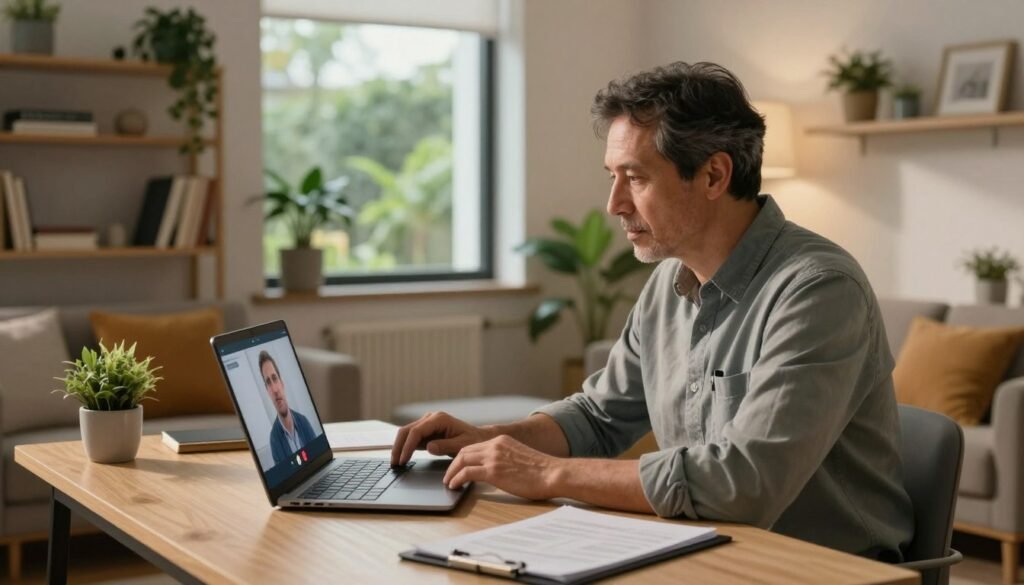 A professional psychiatrist in a modern home office setting, engaged in an online consultation. The psychiatrist, a middle-aged individual, wears smart casual clothing, focusing intently on their computer screen. A cozy, well-lit room filled with bookshelves, houseplants, and soft cushions creates a calming atmosphere. The foreground features a stylish desk with a laptop open, displaying a virtual consultation interface. In the background, a window offers a glimpse of a serene garden, enhancing the feeling of tranquility. The lighting is warm and inviting, casting soft shadows and creating a feeling of comfort and professionalism. The overall mood is centered on accessibility and mental well-being in the digital age.