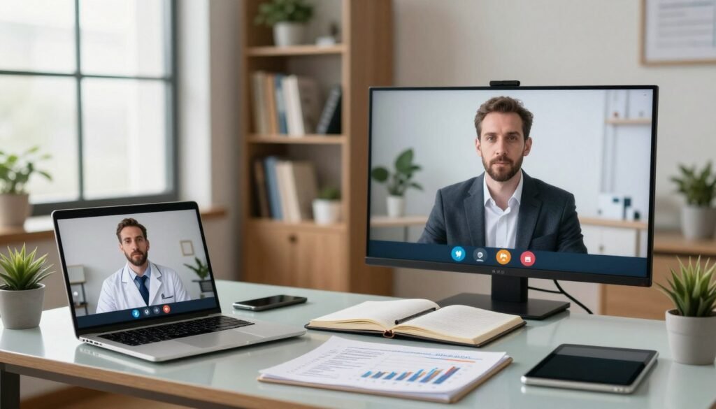 A professional psychiatrist sitting at a sleek desk in a modern office, engaged in a video consultation on a large screen. In the foreground, a laptop displays a virtual meeting, with a calm, focused expression on the psychiatrist, wearing smart business attire. In the middle, an open notebook and a tablet show notes and financial graphs related to online consultation pricing. The background features a well-organized bookshelf filled with psychology books and plants, providing a tranquil atmosphere. Soft, natural lighting from a large window highlights the scene, creating a warm and inviting mood that conveys professionalism and financial focus. The room is free of any distractions, emphasizing the importance of mental health and financial well-being.
