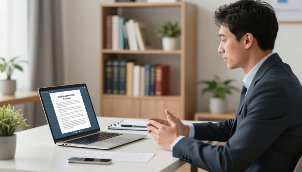 A professional psychiatrist's office setting for an online consultation, featuring a clean, modern desk with a laptop open to a digital document labeled "Medical Consultation" and "Psychiatry" visible on the screen. In the foreground, a confident male psychiatrist in a smart business suit sits attentively, engaging in a virtual session. The middle ground includes a bookshelf filled with medical and psychology books, while a potted plant adds a touch of warmth. The background is softly blurred to keep the focus on the interaction but hints at a comfortable and professional atmosphere. Soft, diffused lighting enhances the calm mood of the environment, creating a sense of trust and professionalism.
