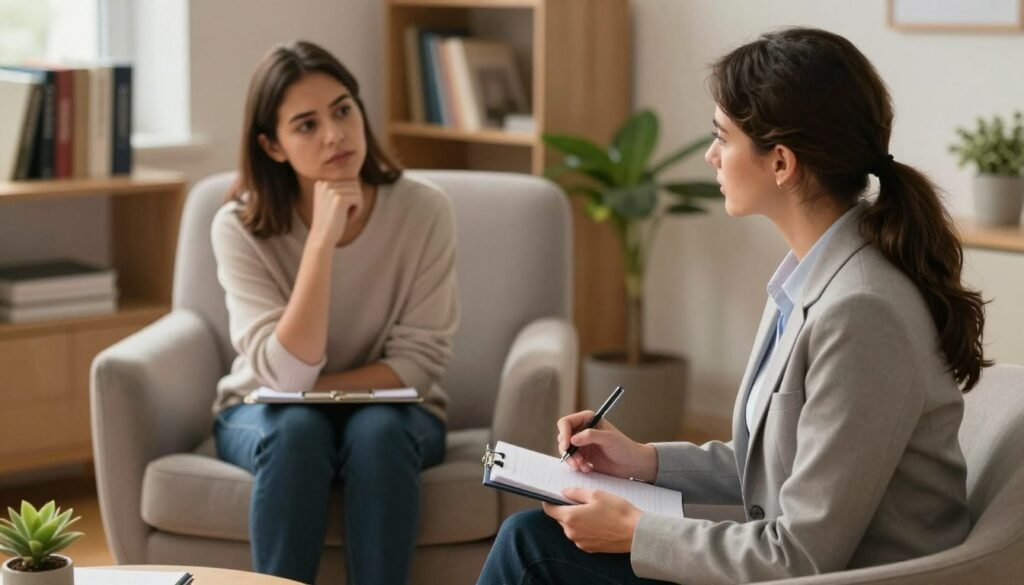 A professional psychologist conducting a clinical session in a cozy, well-lit office. In the foreground, a female psychologist, dressed in professional business attire, appears engaged in conversation, with a notebook and pen in hand. Her facial expression is attentive and empathetic. In the middle, a comfortable armchair is occupied by a client, who is casually dressed and appears contemplative. They are surrounded by soft, warm lighting that creates a welcoming atmosphere. In the background, a shelf filled with psychology-related books and a potted plant enhance the environment. The image conveys a sense of trust, professionalism, and emotional support, with a focus on the interaction between the psychologist and the client. Shot from a slightly elevated angle to provide depth and intimacy to the scene.