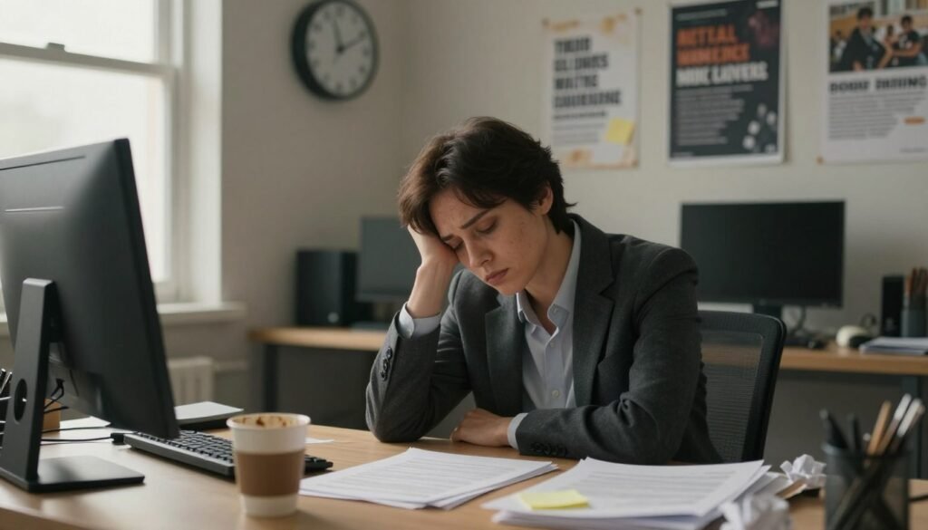 A professional workspace scene depicting a person sitting at a desk, showing signs of emotional exhaustion and burnout. The individual, wearing smart casual attire, has a weary expression, surrounded by scattered paperwork and an unkempt workspace. In the foreground, a half-empty coffee cup and crumpled notes illustrate the struggle. In the middle background, a clock shows late working hours, emphasizing the long hours spent at the desk. Soft, natural light filters in through a nearby window, creating a warm but somber atmosphere. The walls are adorned with motivational posters, slightly faded, adding to the feeling of disillusionment. The overall mood reflects the weight of stress and exhaustion, capturing the essence of burnout in a relatable, professional setting.