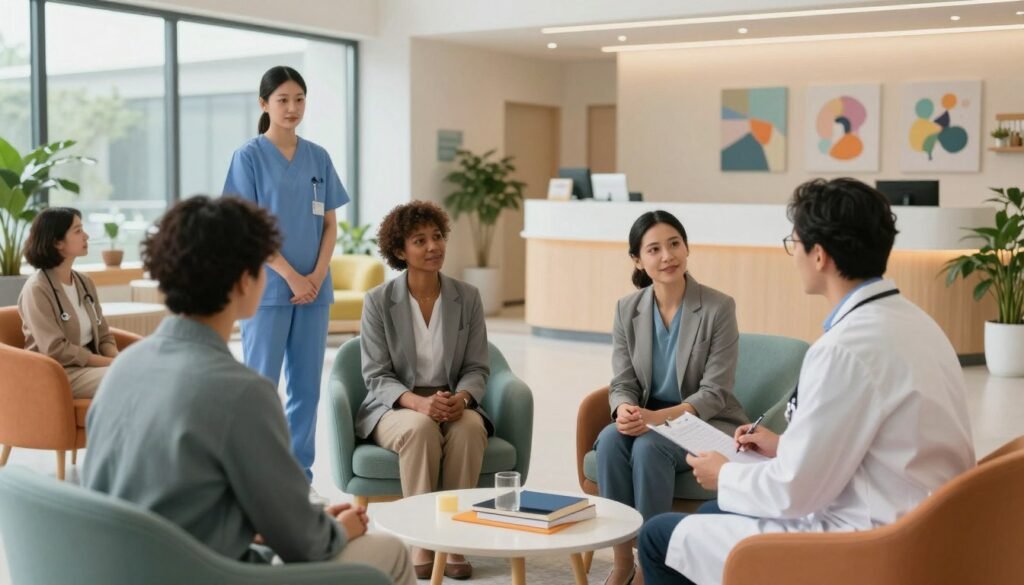 A psychiatric care team in a mental health unit, featuring diverse professionals in professional business attire, actively engaging with patients in a modern, well-lit environment. In the foreground, a compassionate psychiatrist interacts with a patient, while a nurse and a social worker observe, showing collaboration and support. The middle ground includes comfortable seating areas with calming colors, interactive therapy materials, and plants that enhance the atmosphere of safety and healing. The background reveals a welcoming reception area with soft lighting and artwork promoting mental wellness. The overall mood is hopeful and tranquil, conveying the essence of supportive psychiatric care. Use soft, natural lighting and a wide-angle lens to capture a sense of openness and warmth.