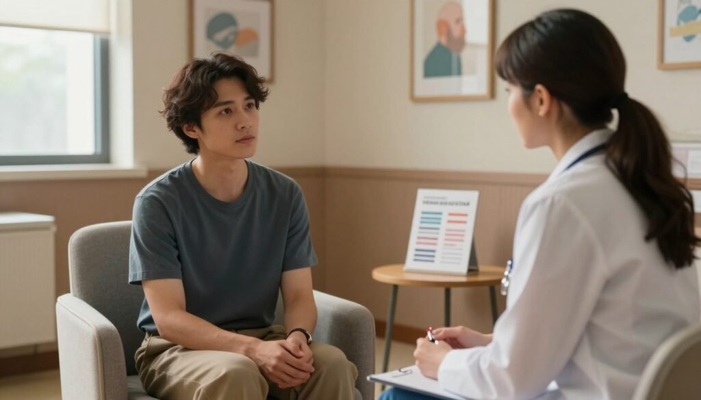 A psychiatric hospital scene depicting a patient receiving compassionate medical attention. In the foreground, a female psychiatrist in a professional attire gently speaks with the patient, who is seated calmly on an upholstered chair, dressed in modest casual clothing. The middle ground features a warm, softly lit consultation room with framed artwork on the walls and a small table with mental health resources. The background includes soothing colors, giving a sense of tranquility and care. The lighting is soft and natural, filtered through a window, creating a serene and supportive atmosphere that reflects a safe environment for mental health treatment.
